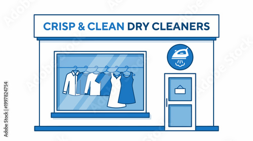 Crisp  Clean Dry Cleaners storefront illustration with clothes on display.