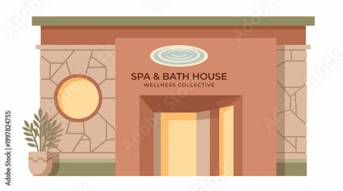 Exterior view of a modern spa and bath house with stone accents and a potted plant.