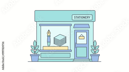 Modern Stationery Storefront with Potted Plants and Display Window.