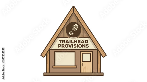Charming wooden trailhead provisions shop with a footprint logo.