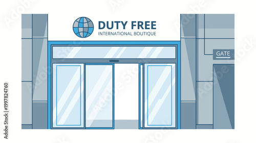 Modern Duty Free International Boutique storefront with automatic glass doors and signage.