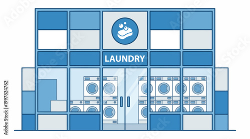 Modern Laundry Service Building Exterior with Washing Machines Visible Inside.