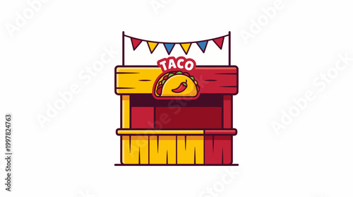 Colorful Taco Stand with Festive Bunting and Chili Pepper Icon.