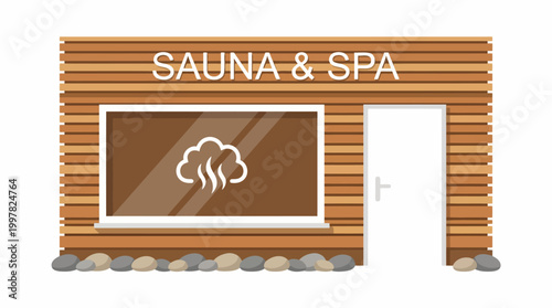 Exterior view of a wooden sauna and spa building with a sign and a door.