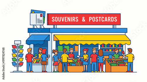 Busy Souvenir and Postcard Shop with Customers Browsing Goods.