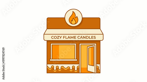 Cozy Flame Candles Shop Facade with Open Door and Flame Logo.
