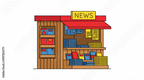 Illustration of a wooden newsstand with various publications displayed for sale.