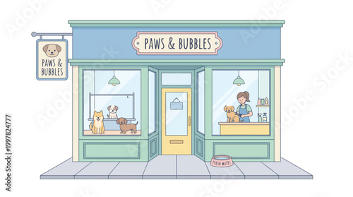 Charming Pet Grooming Salon Exterior with Paws  Bubbles Signage.
