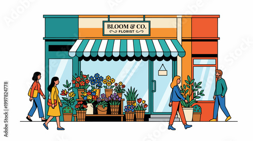 Charming flower shop storefront with people walking by on a sunny day.