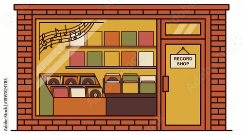 Exterior view of a charming brick record shop with a large display window filled with vinyl records and musical notes.
