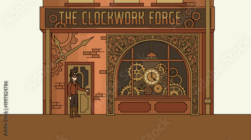 Steampunk Clockwork Shop Exterior with Character.