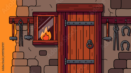 Cozy Medieval Blacksmith Workshop with Fireplace and Tools.