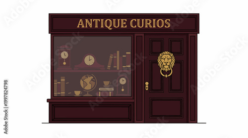 Charming antique shop exterior with a classic wooden door and display window filled with curiosities.