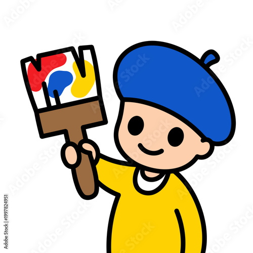 Cute Cartoon Artist Child Holding Paintbrush with Colorful Palette.
