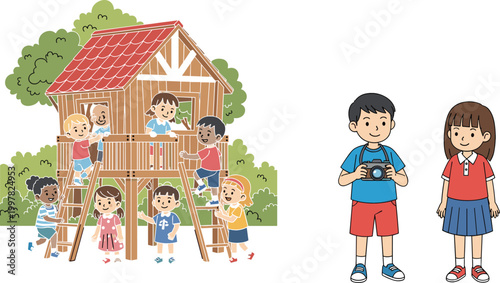Kids playing on treehouse playground and children with camera illustration set, childhood activity and outdoor fun vector collection design
