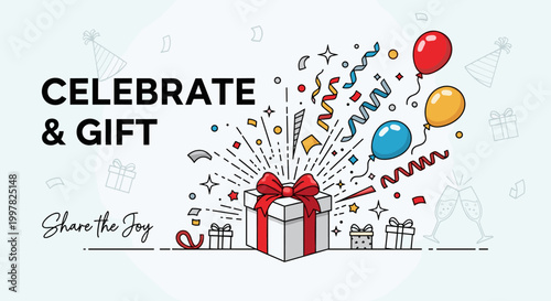 Celebrate and Gift: A vibrant illustration of a gift box exploding with confetti, balloons, and streamers, symbolizing joy and celebration.