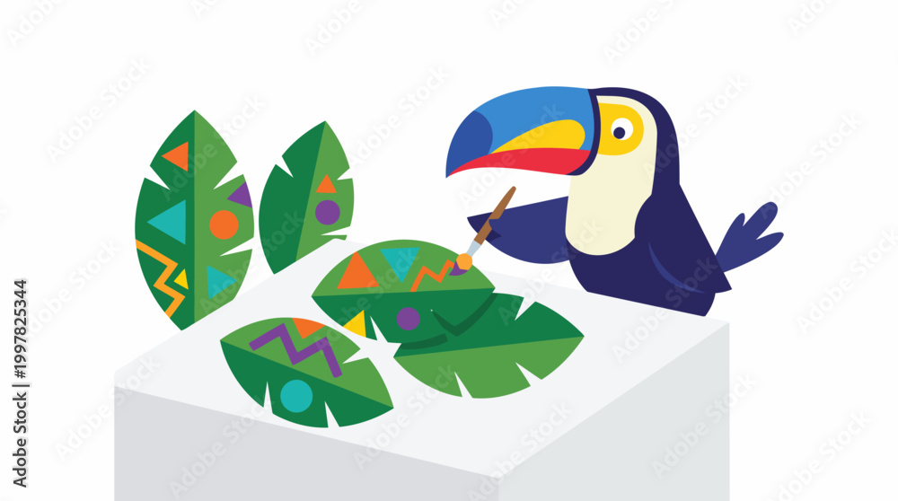 Fototapeta premium Toucan painting colorful patterns on tropical leaves in a creative art studio setting.