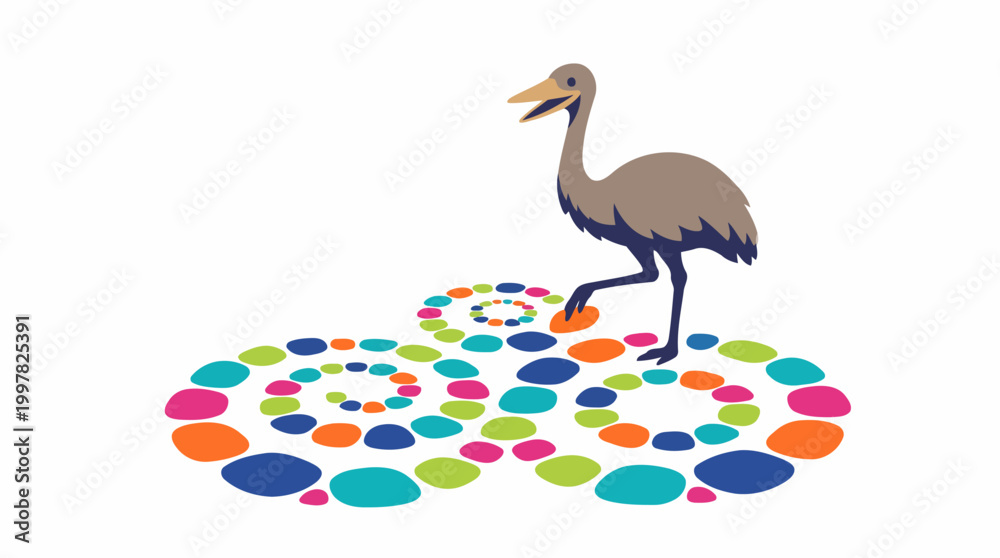 Fototapeta premium Crane Standing on Colorful Circular Pattern Isolated on White Background.