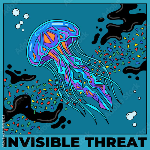Colorful Jellyfish Encounters Pollution with Invisible Threat Text.