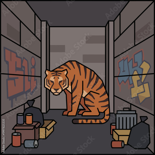 Sad Tiger Sitting in Grimy Urban Alleyway with Graffiti and Trash.