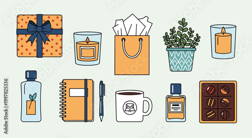 A collection of various gift items and lifestyle products including candles, a gift box, a plant, a notebook, a mug, and chocolates in a flat design style.