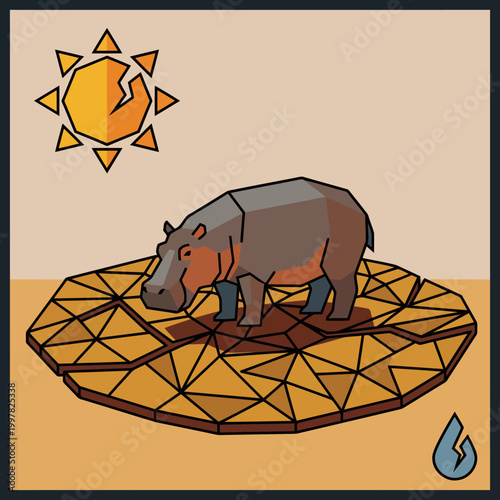 Stylized Hippo Stands on Cracked Earth Under a Hot Sun.