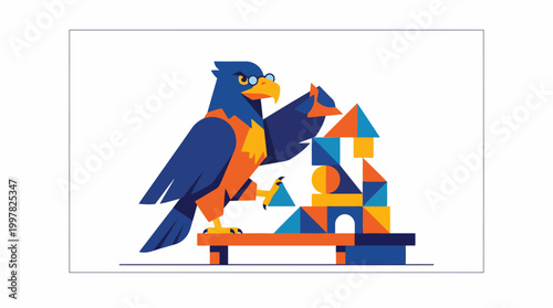 Cartoon Falcon Character Building with Colorful Blocks on a Bench.