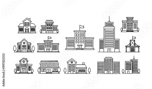 Modern building outline icon set real estate apartment house school vector collection isolated on white background