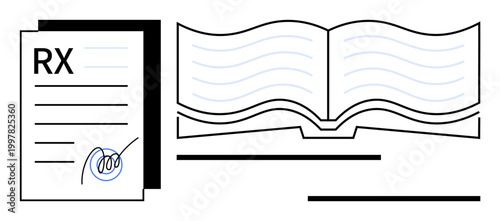 Healthcare, record keeping, education, legal documents, pharmacy services, reading. Open book and signed prescription paper. Healthcare and record keeping concepts