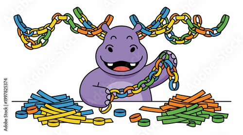 Cartoon Hippo Character Building Colorful Chains with Toy Blocks.
