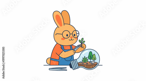 Cute cartoon rabbit wearing glasses and overalls tending to a miniature garden inside a lightbulb.