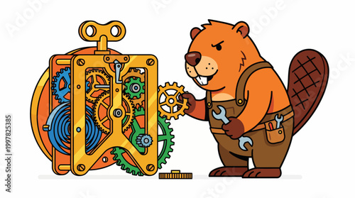 Cartoon Beaver Mechanic Working on Intricate Clockwork Mechanism with Tools.