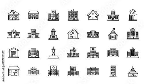 Building and landmark outline icon set apartment house school city vector isolated on white background