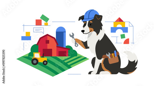 Dog wearing hard hat and holding wrench with farm and building blocks in background.