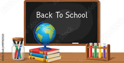 Back to school chalkboard with globe, books and lab equipment illustration, education classroom themed vector design