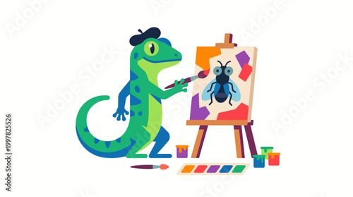 Creative Lizard Artist Painting a Fly on Canvas with Easel and Paints.