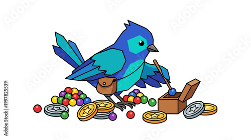 Cartoon Blue Bird Collecting Colorful Gems and Gold Coins from Treasure Chest.