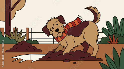 Cute dog wearing a scarf digging in the mud and puddles outdoors.