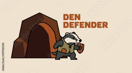 Cute Badger Character Standing Guard Outside Its Den Holding a Shield.