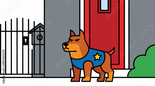 Cartoon police dog wearing a vest stands guard outside a building.