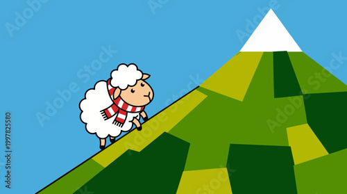 Cute cartoon sheep climbing a green mountain peak with a snowy top.