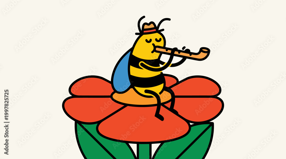 Obraz premium Cartoon bee wearing a hat playing a flute while sitting on a flower.