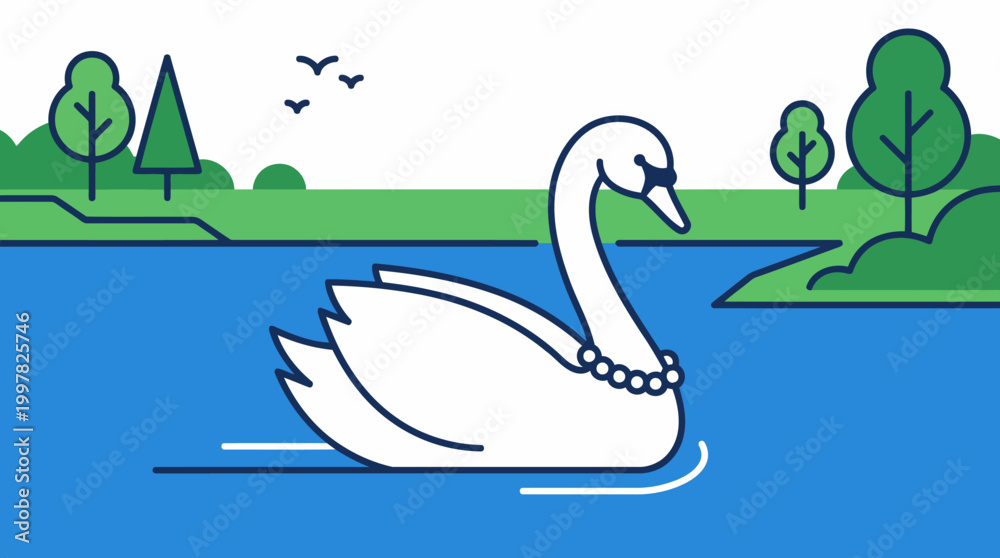 Fototapeta premium Elegant white swan swimming peacefully on a calm blue lake with a scenic green landscape background.