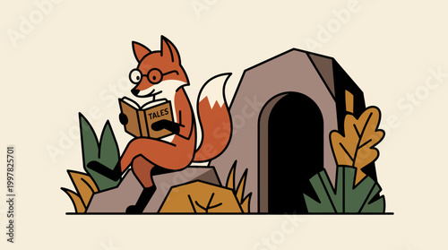 Whimsical Fox Wearing Glasses Reads a Book Next to Its Den.