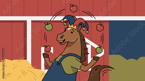 Funny cartoon horse wearing a jester hat and overalls juggles apples in a barn.