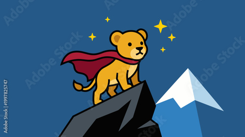 Cute cartoon lion cub superhero standing on a mountain peak.