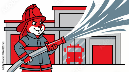 Cartoon Rabbit Firefighter Dousing Flames with Hose in Front of Fire Station.