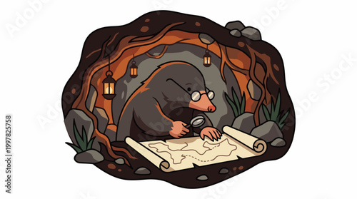 Cute cartoon mole wearing glasses studying a treasure map in its underground burrow.