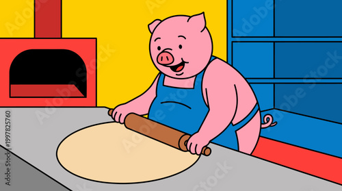 Cartoon Pig Chef Rolling Dough for Pizza in Kitchen.