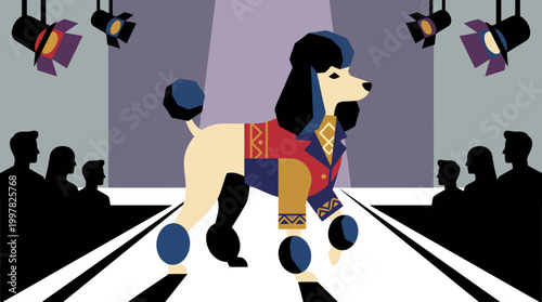 Stylish Poodle on Fashion Runway Under Spotlight with Audience Silhouettes.